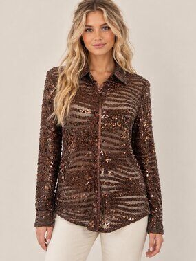 Anthropologie Le Superbe Ex Express Bronze Sequin Sheer Button-Down Shirt M NWT